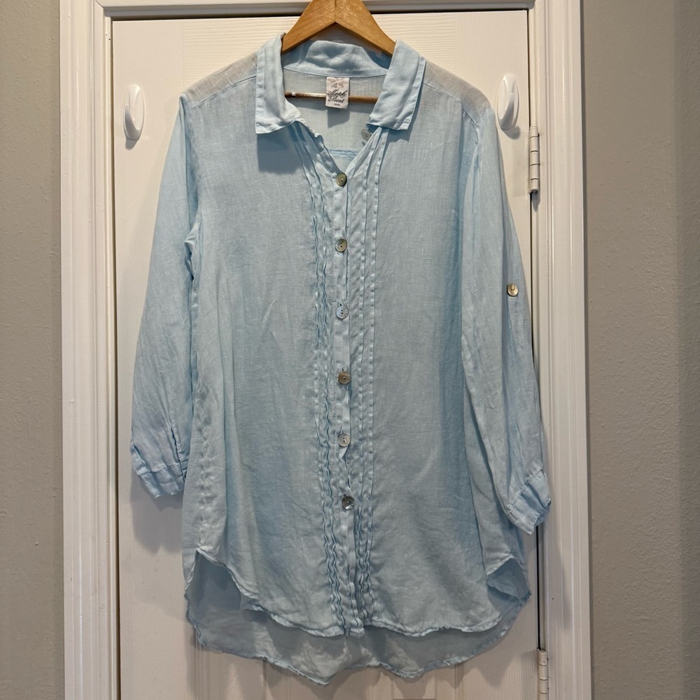 Match Point Linen Tunic Top Blouse Lagenlook Button Down Roll Tab XL